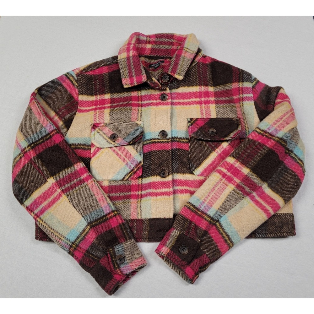 Wild Fable Cropped Plaid Shacket Jacket Pink Brown Cream Cozy Fall Flannel L